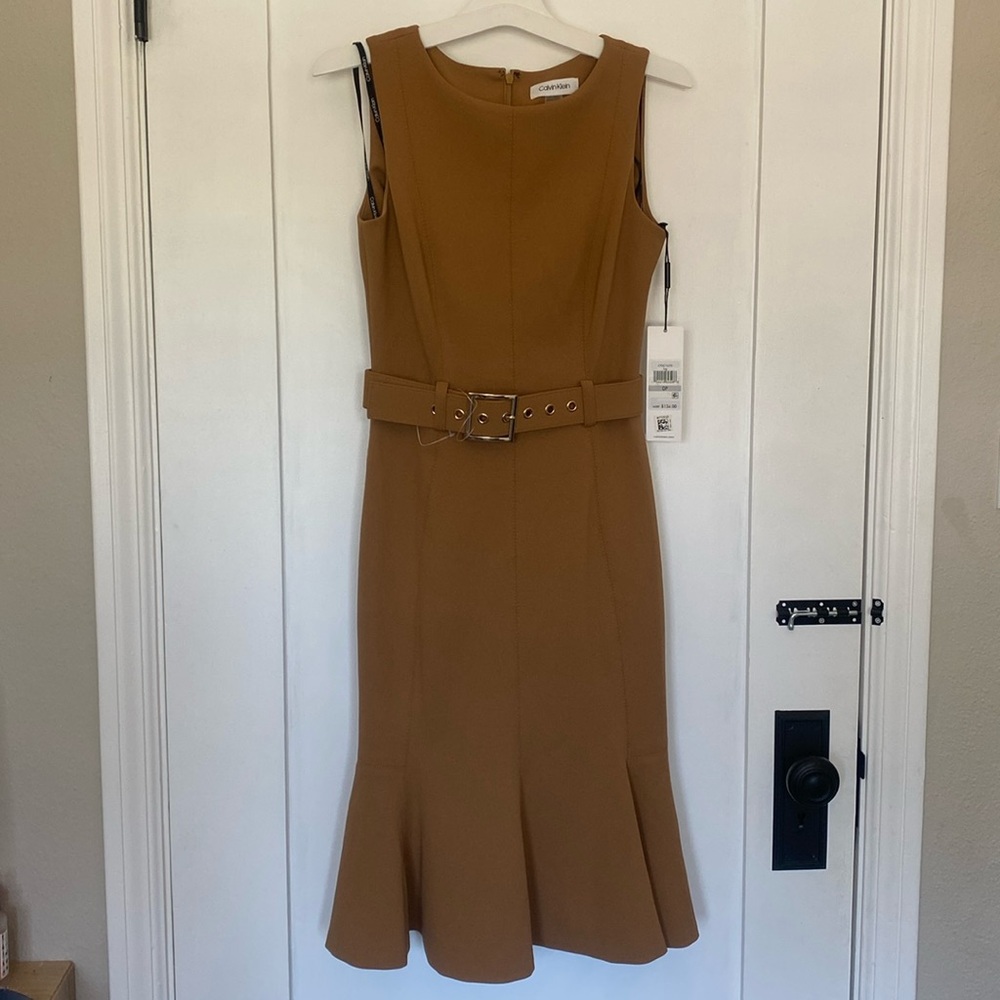 Calvin Klein Dark Beige Belted Midi Dress